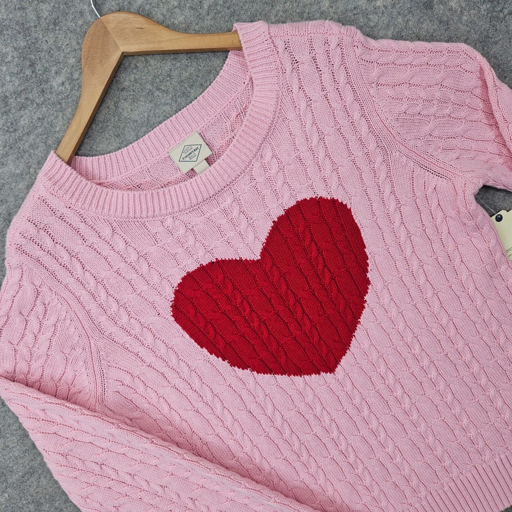 NEW St Johns Bay Sweater Women's Large Pink Red Heart Cable Knit Pullover NWT